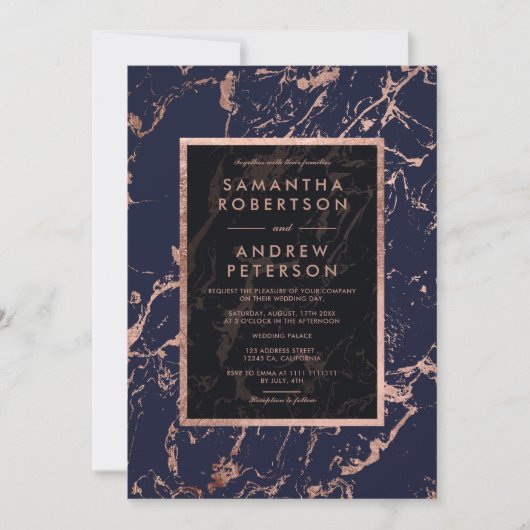 Trouw met marineblauw rozegoud kader marmer kaart (Voorkant)