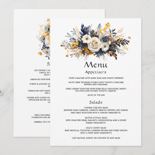 Trouw met marineblauw, wit en gouden bloemmotief menu (Voorkant / Achterkant)