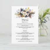 Trouw met marineblauw, wit en gouden bloemmotief menu (Staand voorkant)