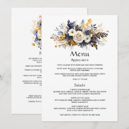 Trouw met marineblauw, wit en gouden bloemmotief menu