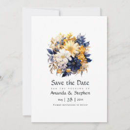 Trouw met marineblauw, wit en gouden bloemmotief save the date