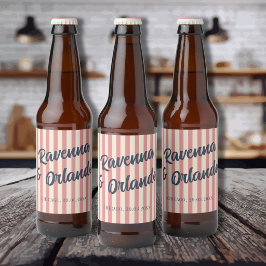 Trouw met marineblauwe retro roze strepen bier etiket
