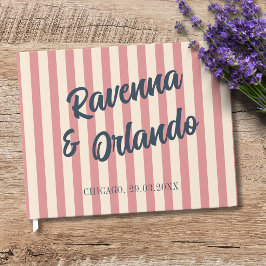 Trouw met marineblauwe retro roze strepen gastenboek