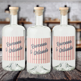 Trouw met marineblauwe retro roze strepen likeurfles etiket