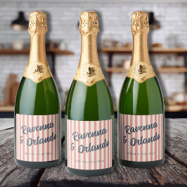 Trouw met marineblauwe retro roze strepen sparkling wijnetiket