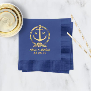 Trouw met maritiem ankerkoordmonogram in marinebla folie servetten