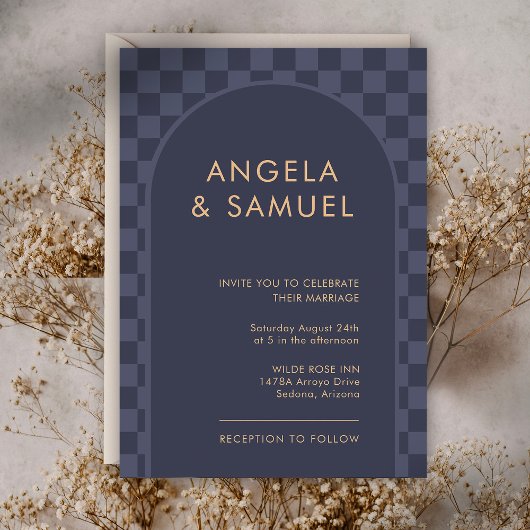 Trouw met modern geruit midnight blauw kaart