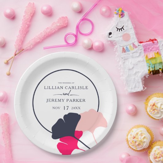 Trouw met moderne marineblauwe en roze ginkoblader papieren bordje (Feest)