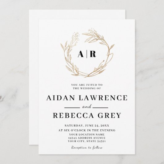 Trouw met monogram gouden krans kaart (Voorkant / Achterkant)