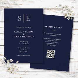 Trouw met monogram in Navy Blauw en Goud QR Code Kaart