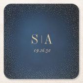 Trouw met monogram in navy en goud glitter kartonnen onderzetters (Voorkant)