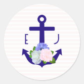 Trouw met nautische bloemstrepen ronde sticker (Voorkant)