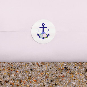 Trouw met nautische bloemstrepen ronde sticker