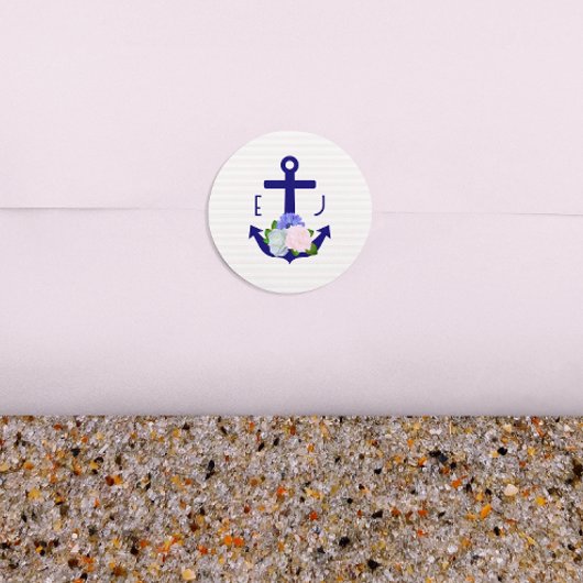 Trouw met nautische bloemstrepen ronde sticker