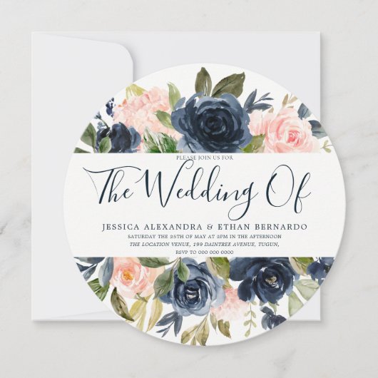 Trouw met Navy Blauwe Aquarel Blozende Bloemen Kaart (Voorkant)