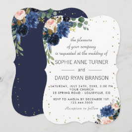 Trouw met Navy Blauwe Blush Bloemengoud Glitter Kaart