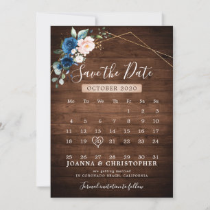 Trouw met Navy Blauwe Blush Roestige Houten Gouden Save The Date