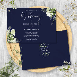 Trouw met Navy Blauwe Botanische Groene Monogram  Kaart