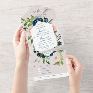 Trouw met Navy Blauwe en Blush Bloemen All In One Uitnodiging
