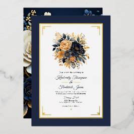 Trouw met Navy Blauwe en Gouden Bloemen Folie Uitnodiging