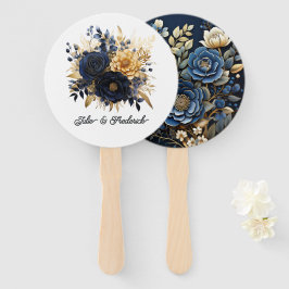 Trouw met Navy Blauwe en Gouden Bloemen Handwaaier