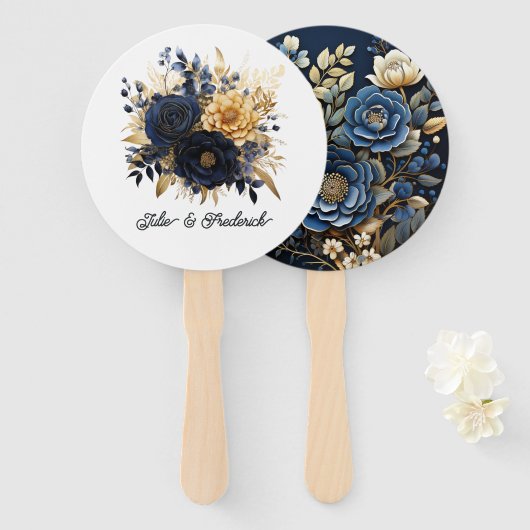 Trouw met Navy Blauwe en Gouden Bloemen Handwaaier (Voorkant en achterkant)