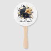 Trouw met Navy Blauwe en Gouden Bloemen Handwaaier (Voorkant)