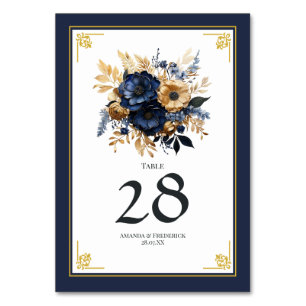 Trouw met Navy Blauwe en Gouden Bloemen Kaart