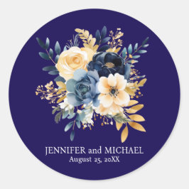 Trouw met Navy Blauwe en Gouden Bloemen Ronde Sticker