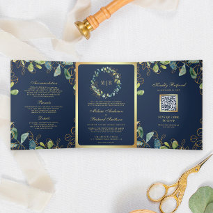 Trouw met Navy Blauwe Gouden Eucalyptus Krans QR C Drieluik Uitnodiging