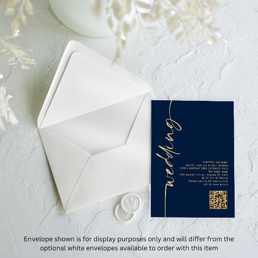 Trouw met Navy Blauwe Gouden Script QR Code Acryl Uitnodigingen