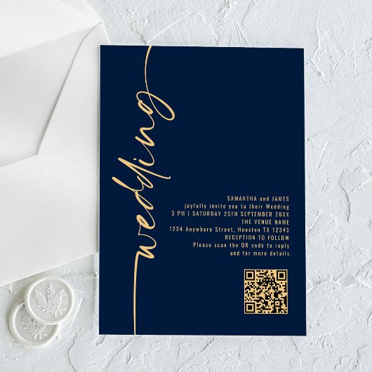 Trouw met Navy Blauwe Gouden Script QR Code Acryl Uitnodigingen