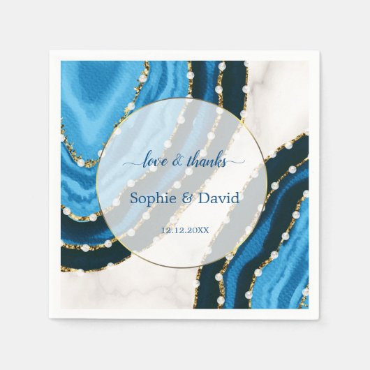 Trouw met Navy Blauwe Waterverf Agate Parels Servet (Voorkant)
