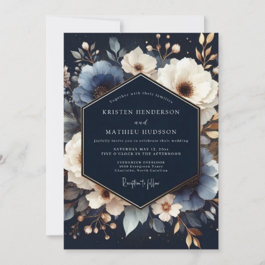 Trouw met Navy Blue Bloemige Romance Kaart (Voorkant)