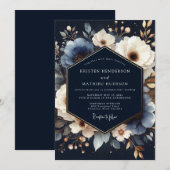 Trouw met Navy Blue Bloemige Romance Kaart (Voorkant / Achterkant)