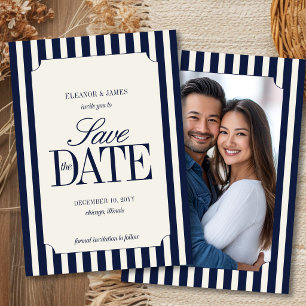 Trouw met Navy Blue Old Money Preppy Streep Save The Date