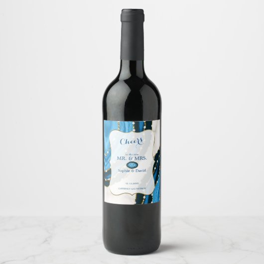 Trouw met Navy Blue Waterverf Agate Parels Wijn Etiket (Voorkant)