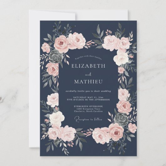 Trouw met Navy Blush Bloemen Kaart (Voorkant)