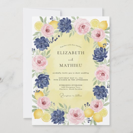 Trouw met Navy Blush Lemon Krans Kaart (Voorkant)