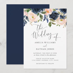 Trouw met Navy Blush Waterverf Bloemen Kaart