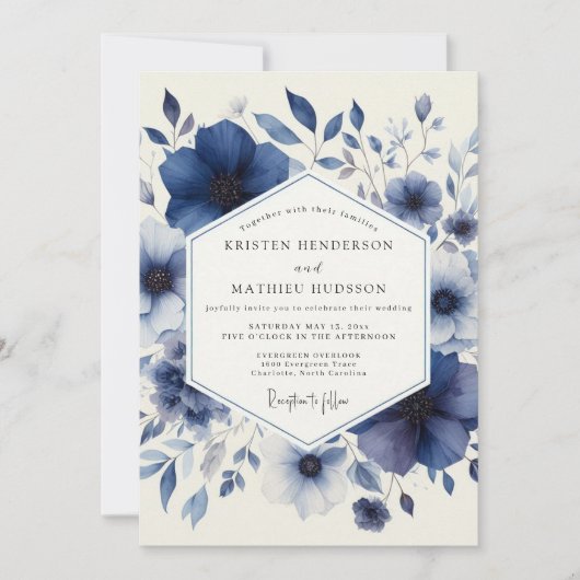 Trouw met Navy Watercolor Bloom Kaart (Voorkant)