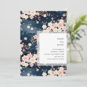 Trouw met Navy Waves Sakura Bloesem Modern Save The Date (Staand voorkant)