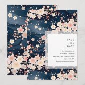 Trouw met Navy Waves Sakura Bloesem Modern Save The Date (Voorkant / Achterkant)