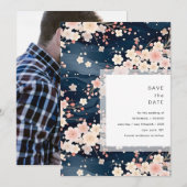Trouw met Navy Waves Sakura Bloesem Modern Save The Date (Voorkant / Achterkant)