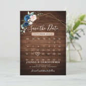 Trouw met Navyblauw Blush Landelijk Houten Gouden Save The Date (Staand voorkant)