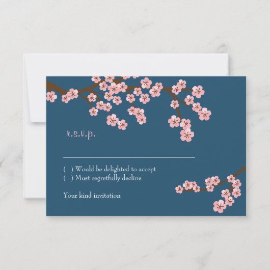 Trouw met Navyblauw & Roze Kersenbloesem in de Len RSVP Kaartje (Voorkant)