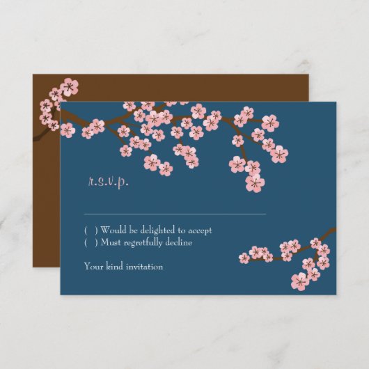 Trouw met Navyblauw & Roze Kersenbloesem in de Len RSVP Kaartje (Voorkant / Achterkant)