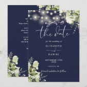 Trouw met QR-code voor Navy Blue Bloemenslinger Save The Date (Voorkant / Achterkant)