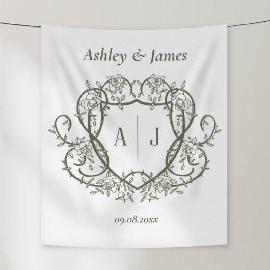 Trouw met Rambling Rose Sage Monogram Crest Wandkleed