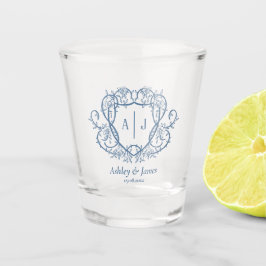 Trouw met Rambling Rose Steel Blue Monogram Crest Shot Glas